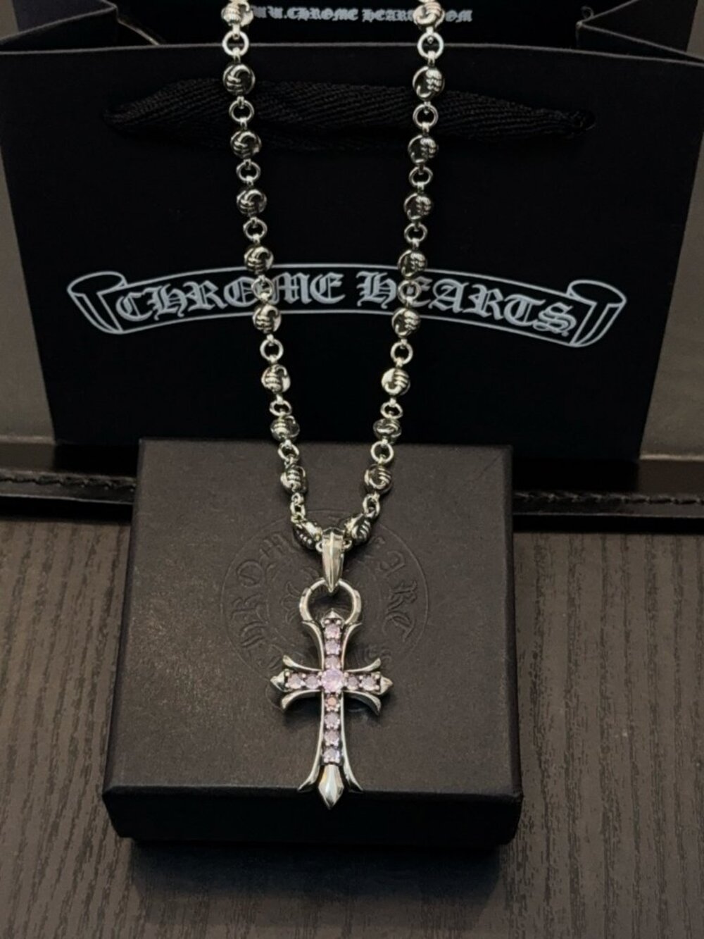 Chrome Hearts Pink Diamond Cross Pendant Necklace